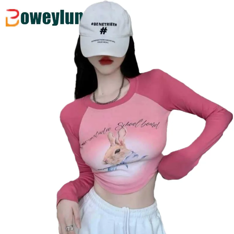 

Boweylun New American Rabbit Tight T-shirt Female Spring BM Wind Schoolchildren Short Version Slim Long-Sleeved Tops Girls