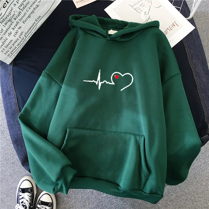 cute sweatshirts Harajuku Casual Women Hooded Hoodies Heartbeat Printed Sweatshirt Oversized Long Sleeve Korean Style Pullover Loose Streetwear matching hoodies Hoodies & Sweatshirts