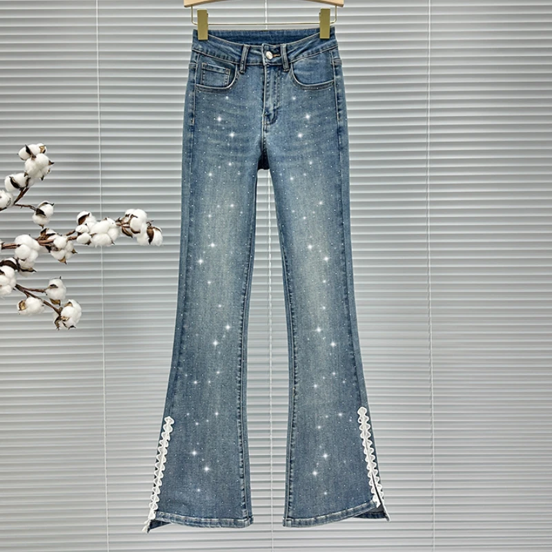 european-style-rhinestone-split-flared-jeans-women's-denim-trousers-2024-spring-summer-new-high-waist-slim-fit-skinny-jeans