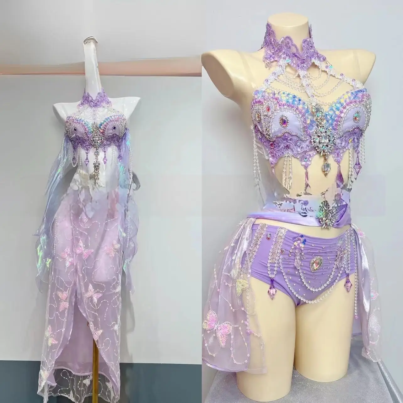 

Purple Luxury Shiny Pearl Diamond Tassel Sexy Bikini+Long/Short Yarn Skirt Set Nightclub Bar Singer Dance Stage Performance Suit