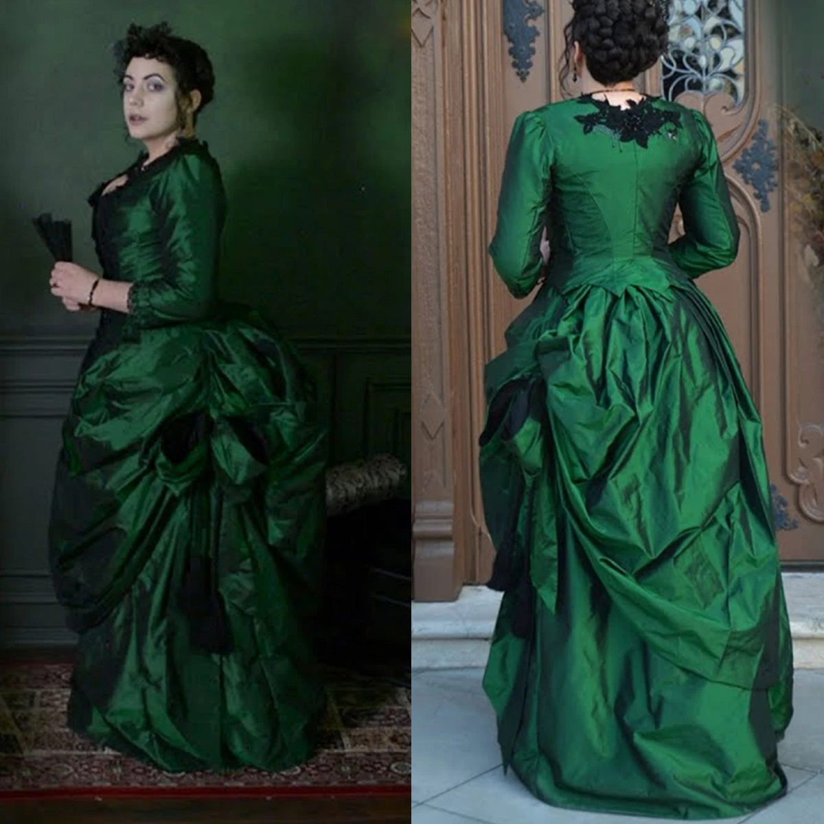 Vintage Emerald green gothic Evening Dresses Floor Length long sleeve