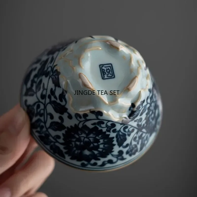 1 80ml Chinese retro blue and white ceramic tea cup handmade Ru kiln tea bowl household travel tea set