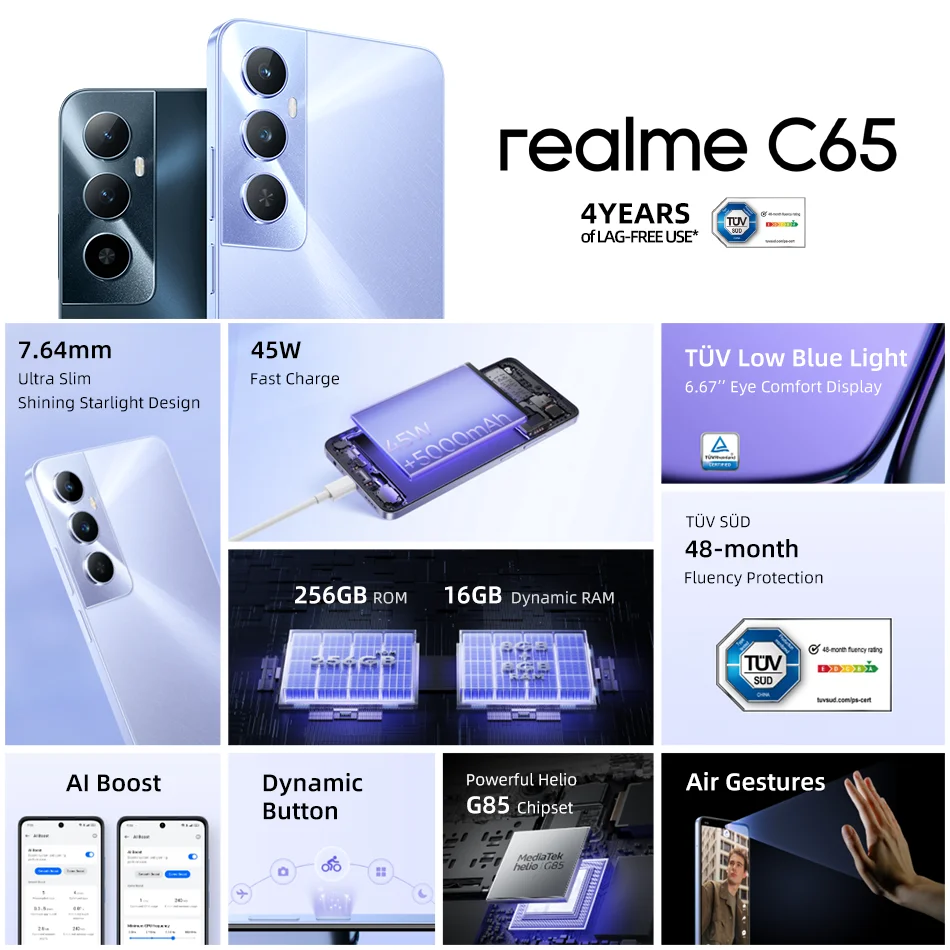 Global Version realme C65 Helio G85 Octa Core NFC 6.67\'\' LCD Screen Smartphone 50MP Camera 5000mAh Battery 45W SUPERVOOC