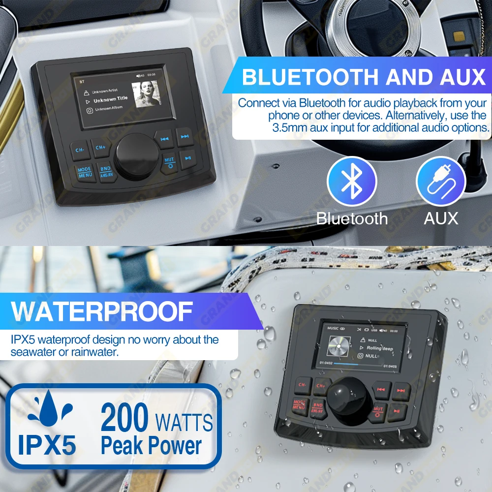 Boat Radio Player Marine Multimedia Player GRANDnavi Marine Stereo MP5 Waterproof IPX5 AUX Bluetooth FM AM RDS Audio For Yacht Gauge ATV UTV SUV Cart SPA