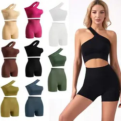 Workout Sets 2 Piece Yoga Outfits Seamless Ribbed Sports Bra Crop Tank Top High Waist Biker Shorts Exercise Set