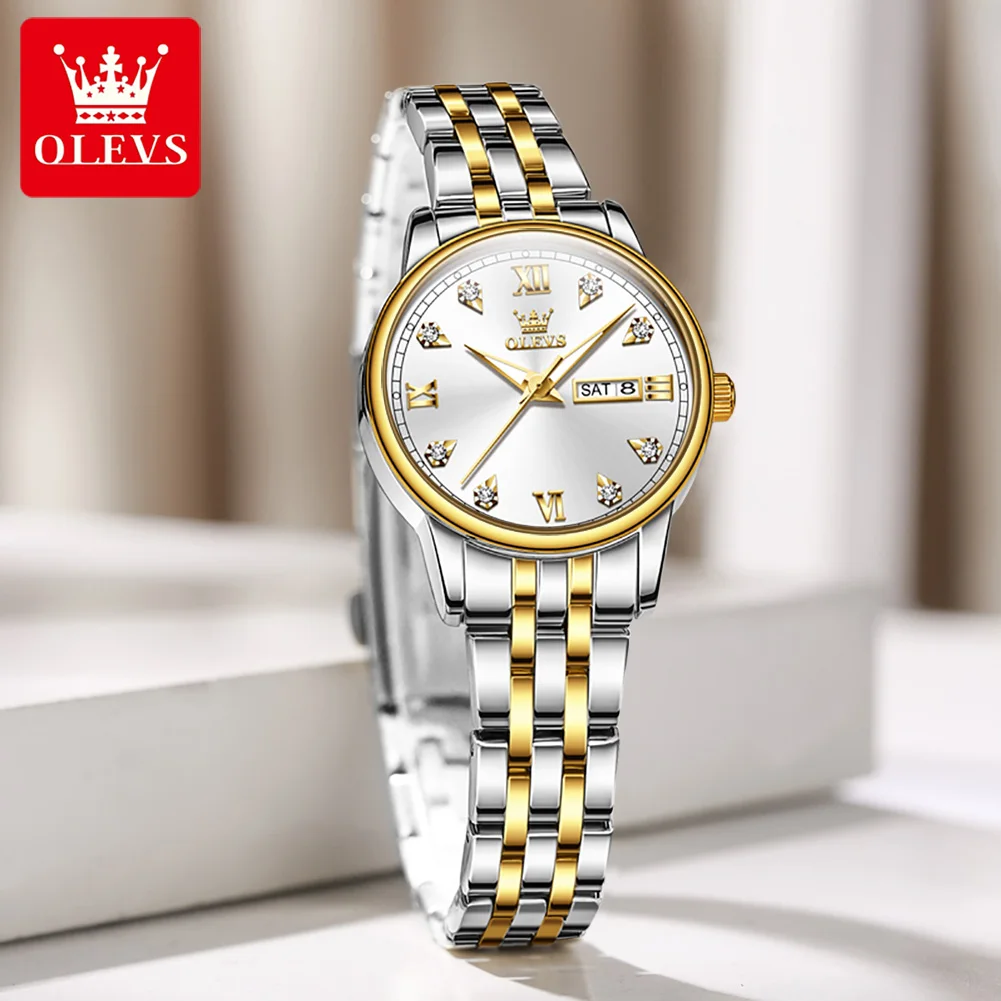 OLEVS Quartz Watch for Women Luxury Stainless Steel Dual Calendar Dial Waterproof Luminous Women's Wristwatch Clock Reloj Mujer