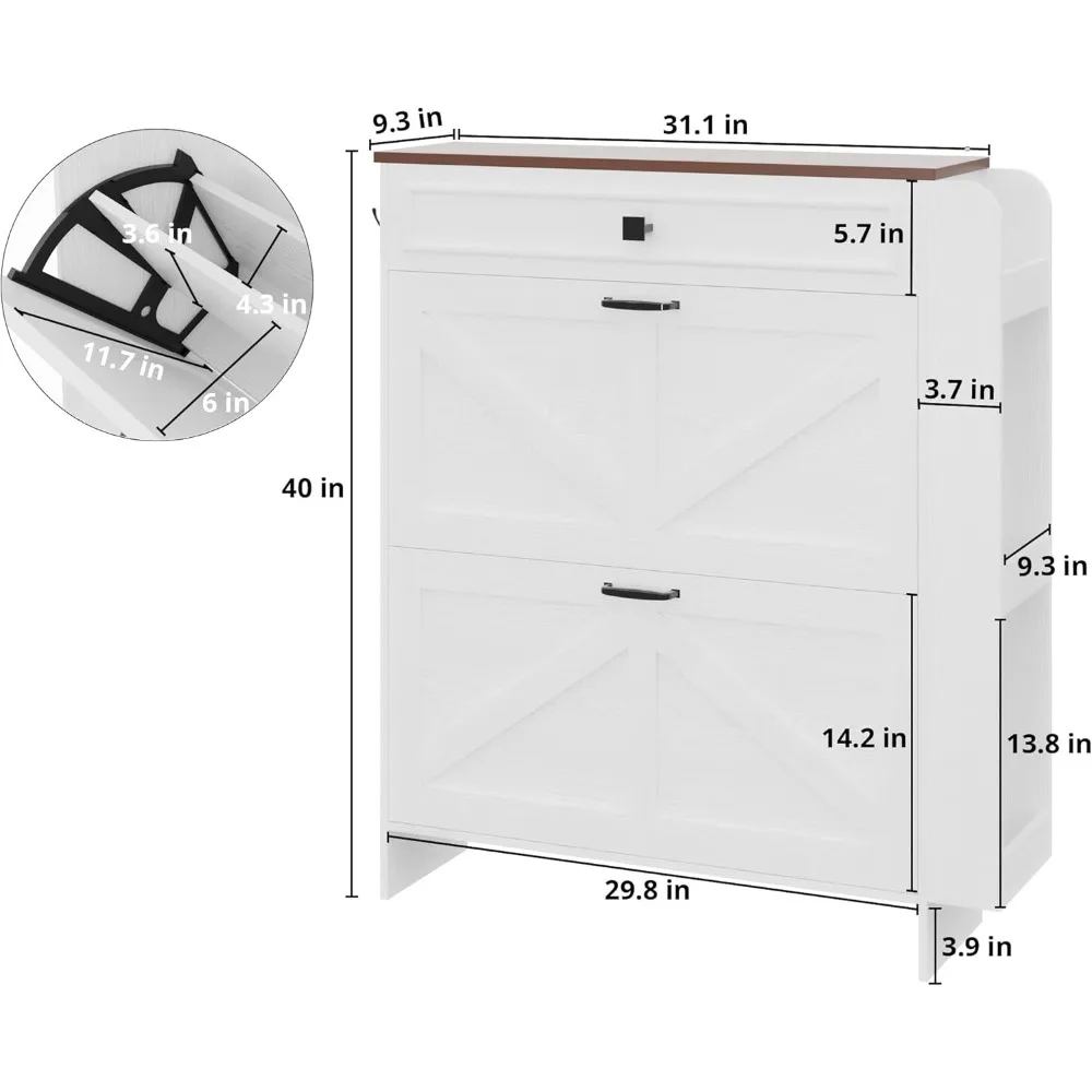 shoe storage cabinet with 2 flip drawers & barn door design, freestanding shoe cabinet organizer with drawer and shelves for en