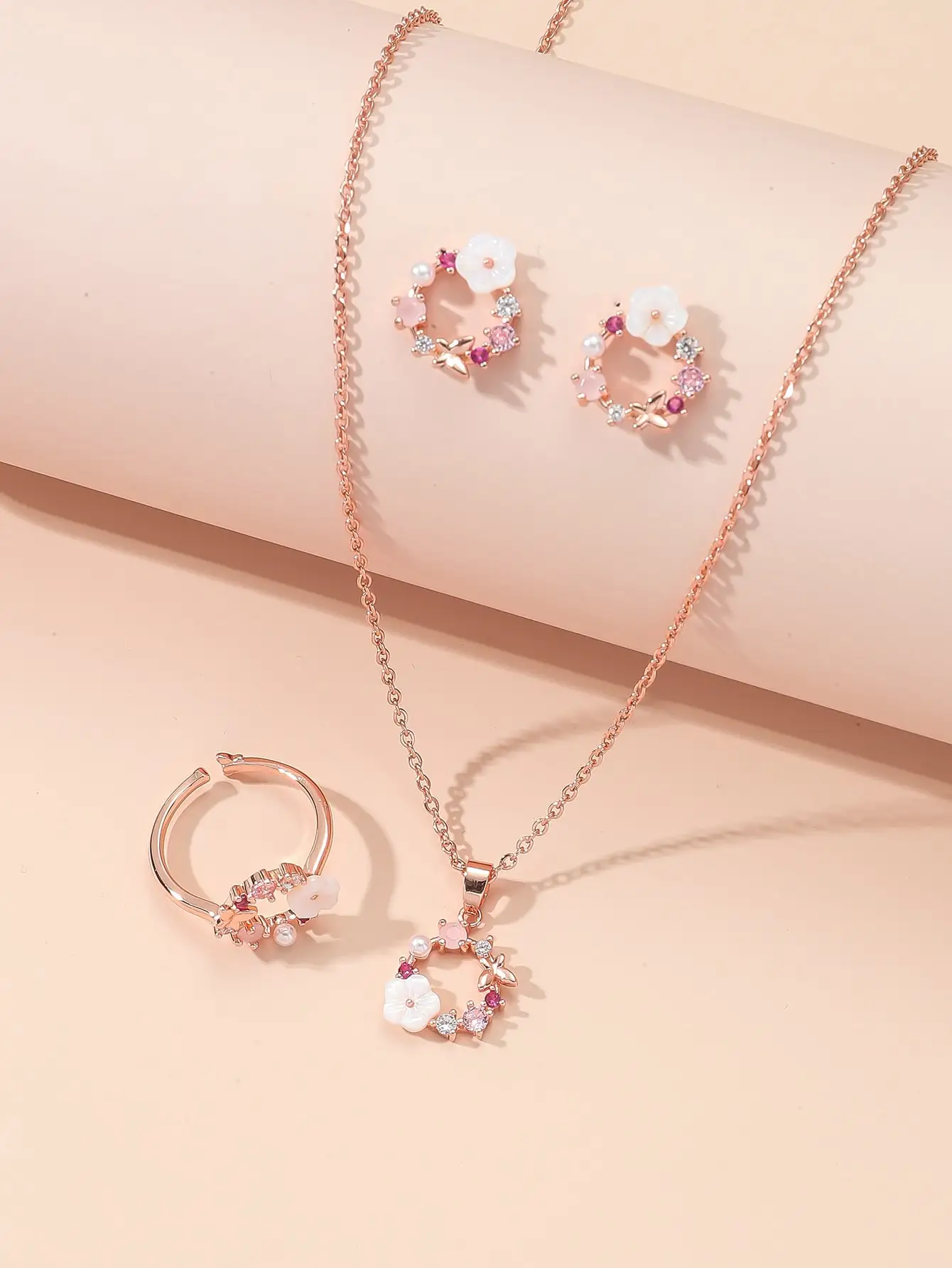 S0621f95f8d2a46b4846a43795f38252av 4 Pieces Rose Gold-color Lady Flower Fashion Accessories Zircon Simple Ornate Exquisite Necklace Ring Earrings Jewelry Set Mallzona