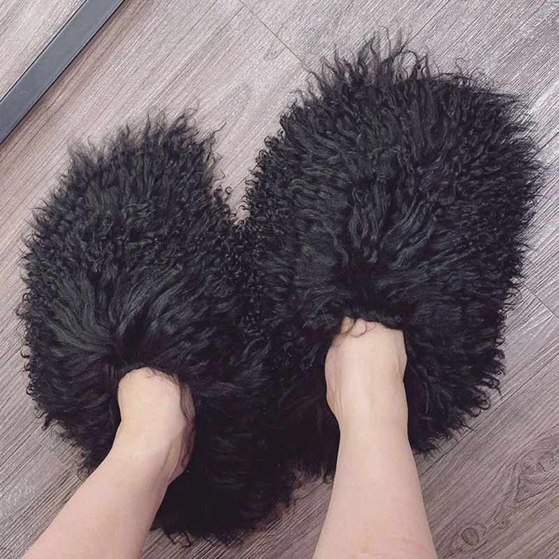 

Women Mongolian Fur Slippers New Design Fluffy Fuzzy Flat Shoes Curly Long Sheepskin Slides