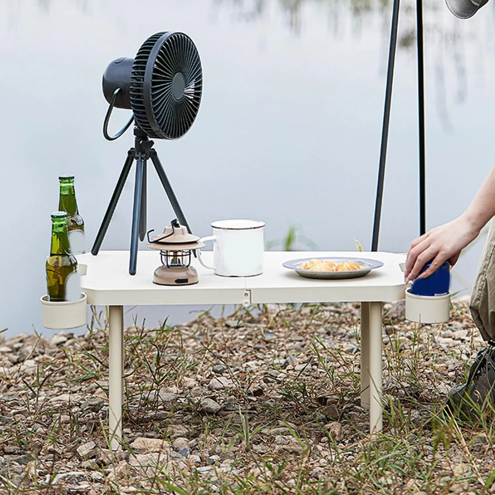 Folding Camping Table Beach Table with 4 Cup Holders Handle Design Multipurpose Outdoor Desk Cooking Desk for BBQ Backpacking 4