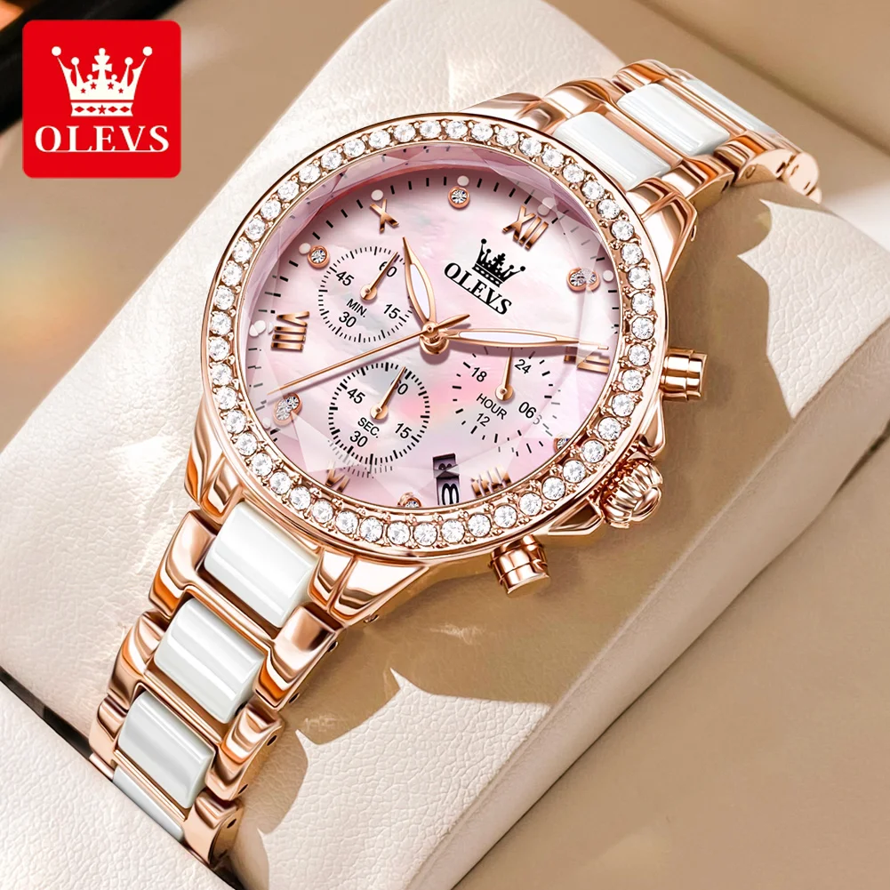 

OLEVS Brand Luxury Diamond Quartz Watch for Women Waterproof Luminous Fashion Ceramics Chronograph Watches Womens Montre Femme