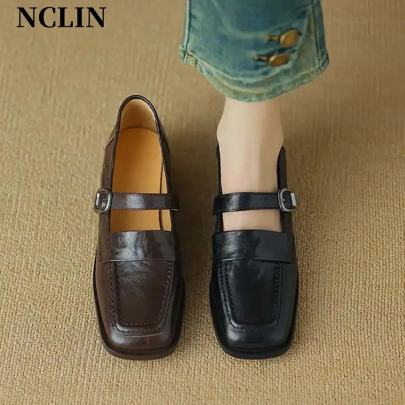 

2024 New Spring/Summer Mary Janes Shoes Genuine Leather Square Toe High Heel Shoes Women Pumps Shoes for Women Zaptos De Mujer
