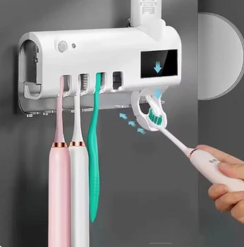 Set di dispenser automatico per spazzolino e dentifricio con staffa da 1 pezzo, dispenser per dentifricio a parete antipolvere per il bagno 1