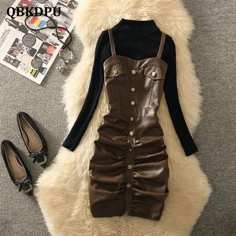 

Faux PU Leather Sexy Mini Dress Suit Women Korean Skinny Pleated Spaghetti Strap Dresses And Knitted Sweater Elegant 2 Piece Set