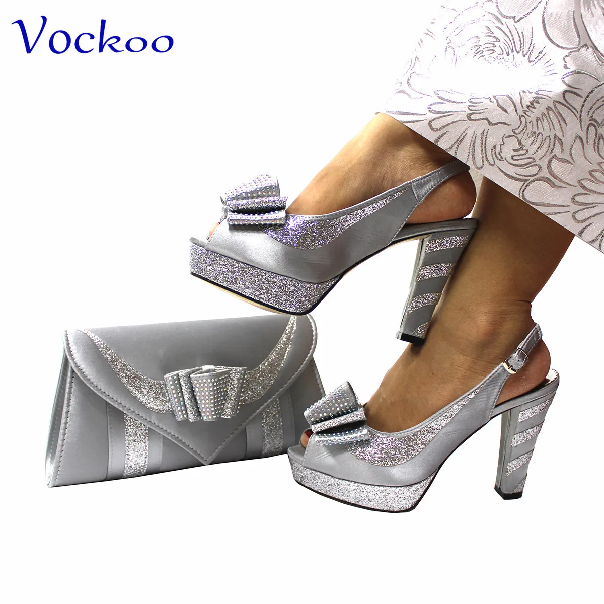 2023 Silver  Color New Design African Women Shoes and Bag Set Super High Heels for Garden Party