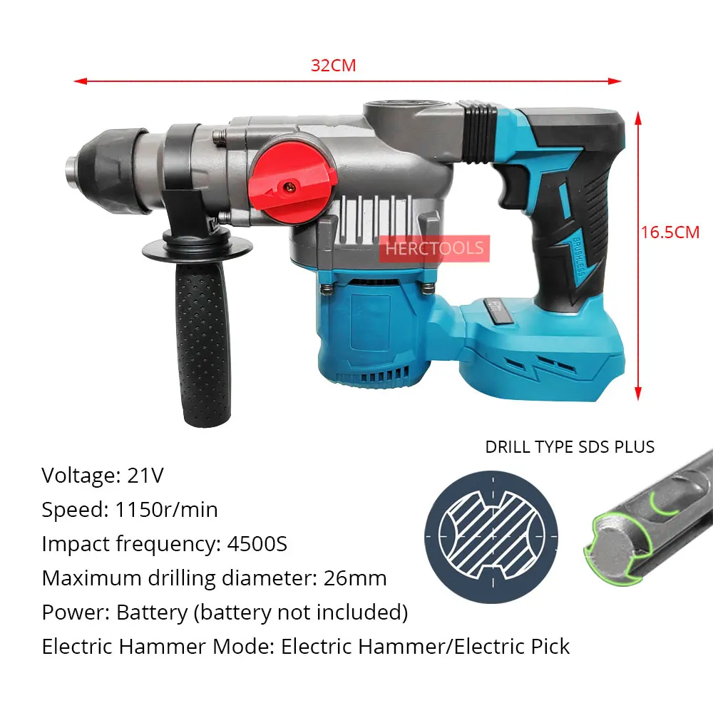 Brushless Cordless Rotary Hammer 21V Rechargeable Electric Hammer For SDS Plus Impact Drill Electric Pick No Lithium Battery 2