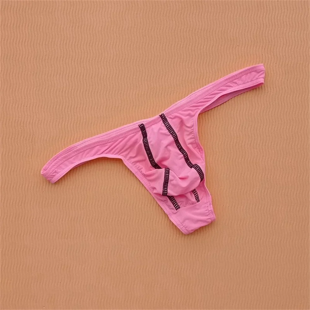 Plus Size Ice Silk Thong Mens Pink Underwear Big Pouch G-string Male T Back Panties Erotic Lingerie
