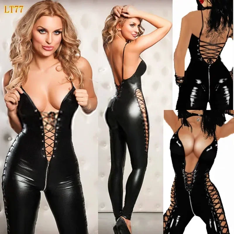 Women Underwear Sexy Costume PVC Leather Ladies Open Crotch Latex Zipper Bodysuit Catsuit Erotic Lingerie Front To After Lace-up Clubwear sexy lingerie