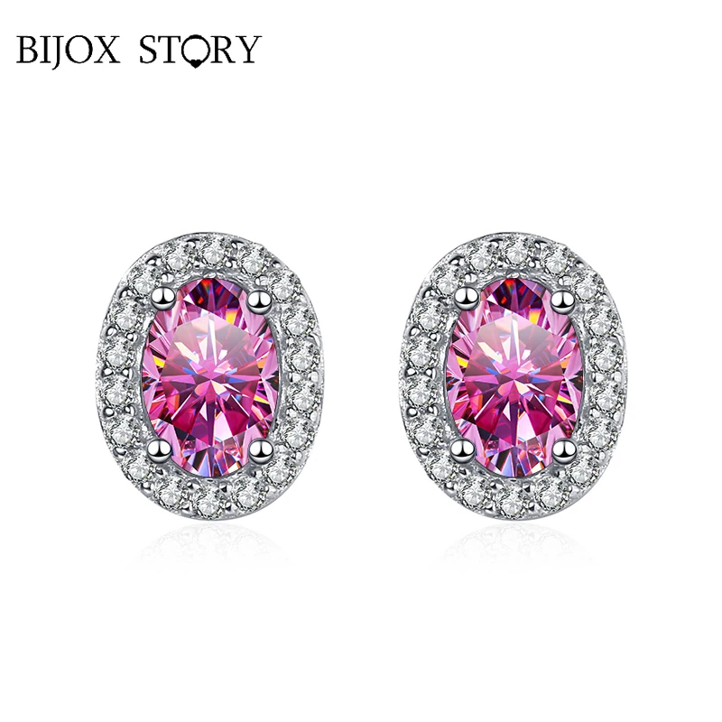 

BIJOX STORY Classic Design 1 Carat Moissanite Stud Earrings for Female S925 Silver Oval Shape Fine Jewelry for Party Anniversary