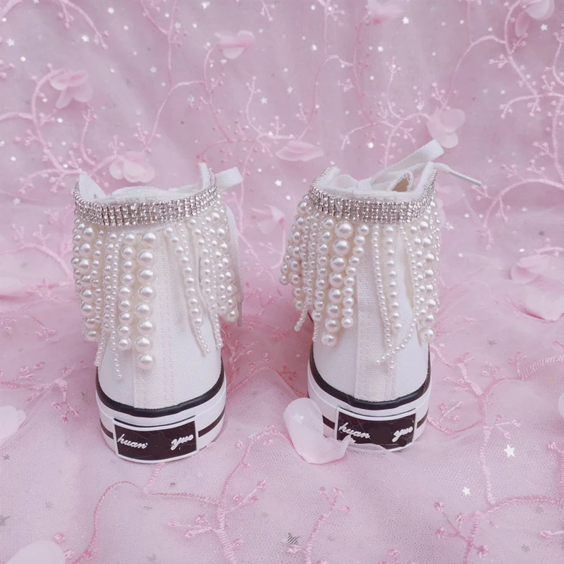 Women New Heavy Duty Beads High Canvas  Fashion Pearl Diamond Casual shoes Size 35-44 Party Wedding Lady Shoes
