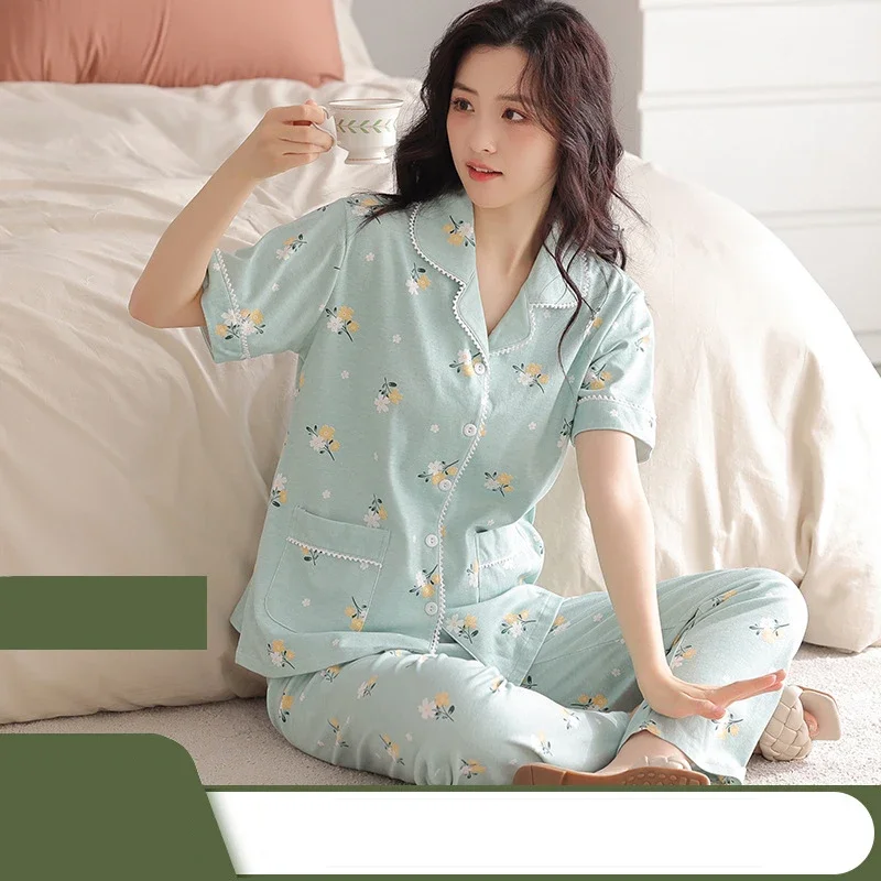 

Новинка 2024, женская пижама в китайском стиле с цветочным принтом и пуговицами из смолы, 100% хлопок, модная дышащая одежда для отдыха, свободные пижамные комплекты