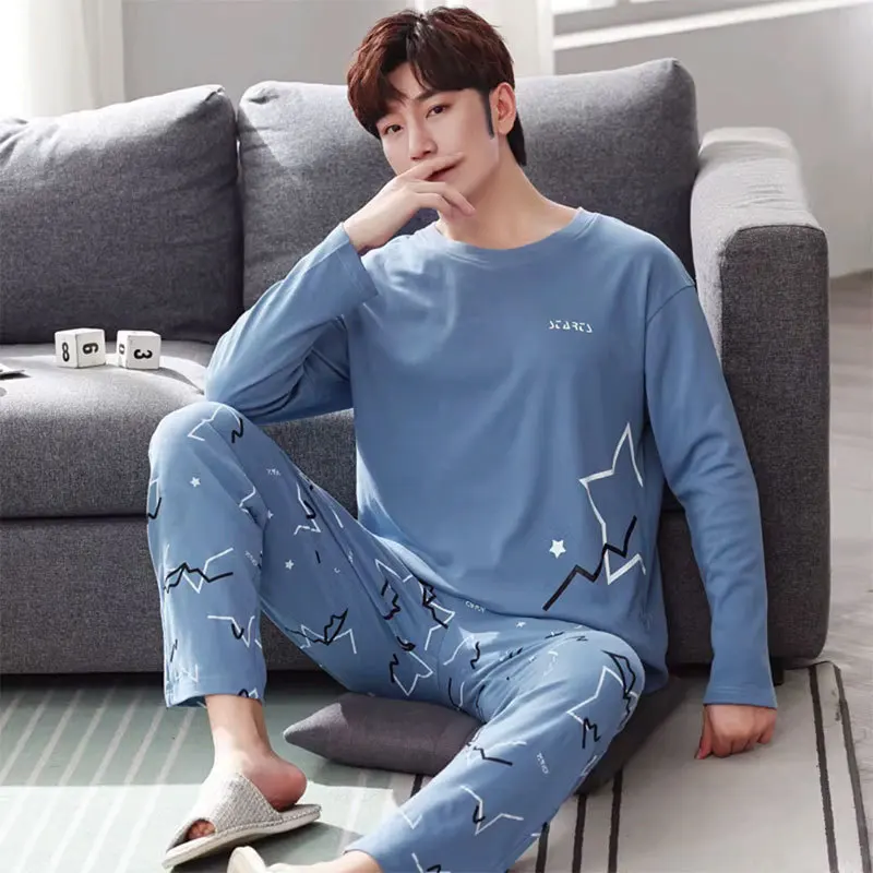 Men's Pajamas Two-Piece Spring Round Neck Long-Sleeved Trousers Imitation Cotton Pajamas Homewear Set pajama sets