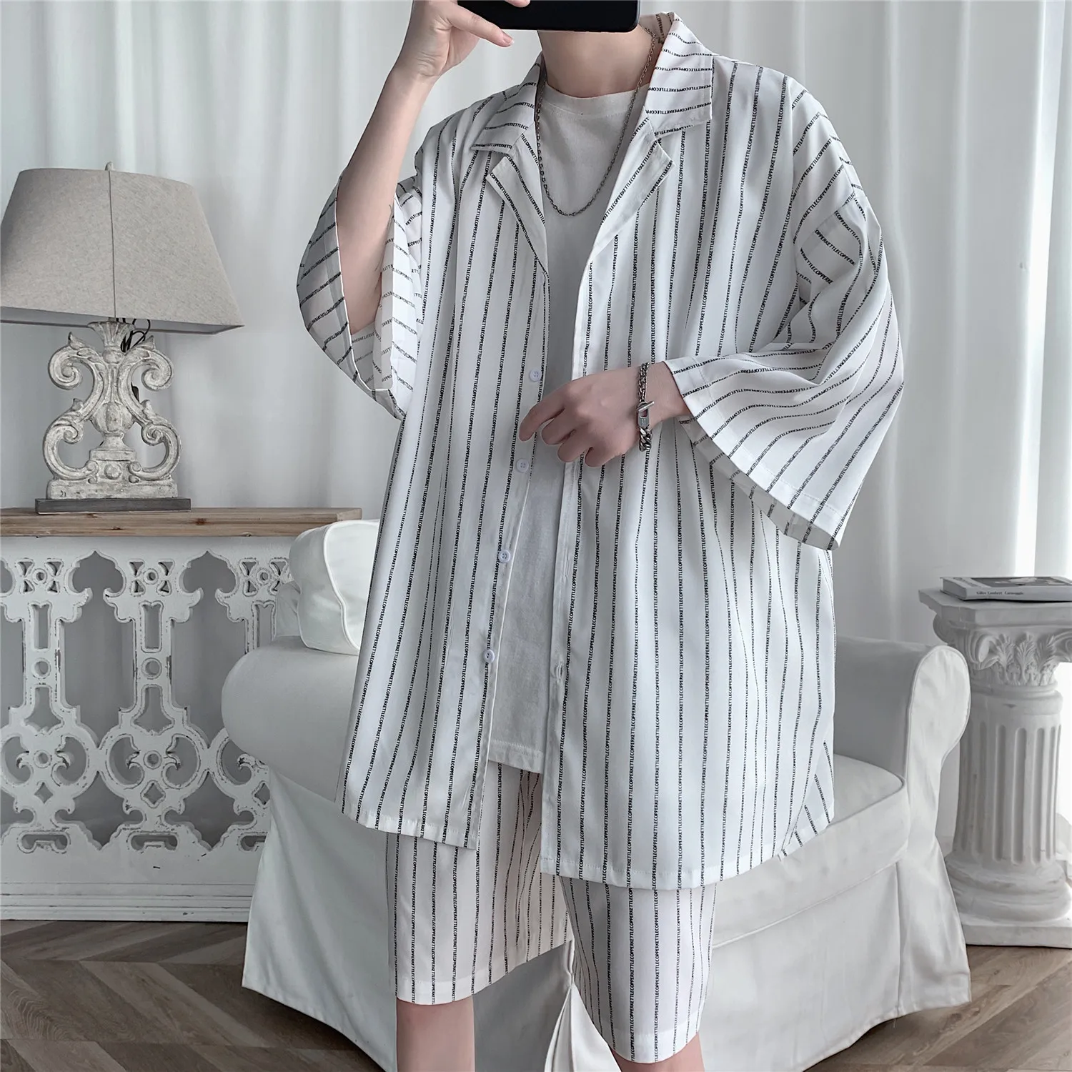 Summer Men Shorts Set Matching Shirts Letter Striped Floral Printing Outfits Short Sleeve Elastic Waist Thin Oversize Suit Man 2