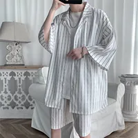 Summer Men Shorts Set Matching Shirts Letter Striped Floral Printing Outfits Short Sleeve Elastic Waist Thin Oversize Suit Man 2