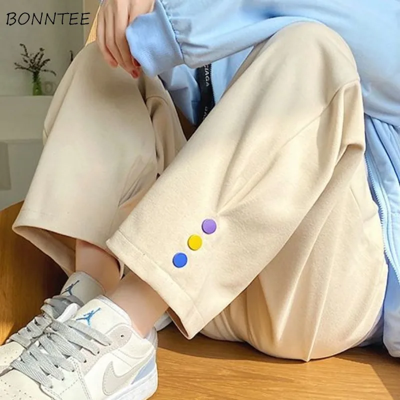 

Elastic Waist Pants for Women Solid Loose Button Design Casual Students Spring Full Length College All-match Chic Korean Style