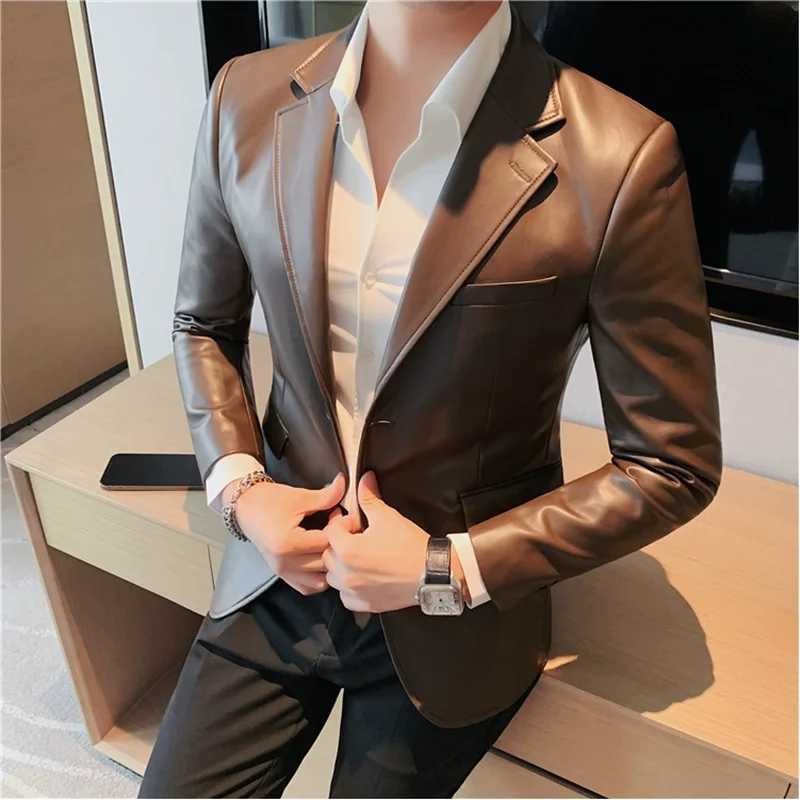 Men's Leather Jacket 2024 Autumn Highend Fashion Solid Slim Fit Business Blazers Coats Korean Casual PU Leather Suit Tuxedo 2
