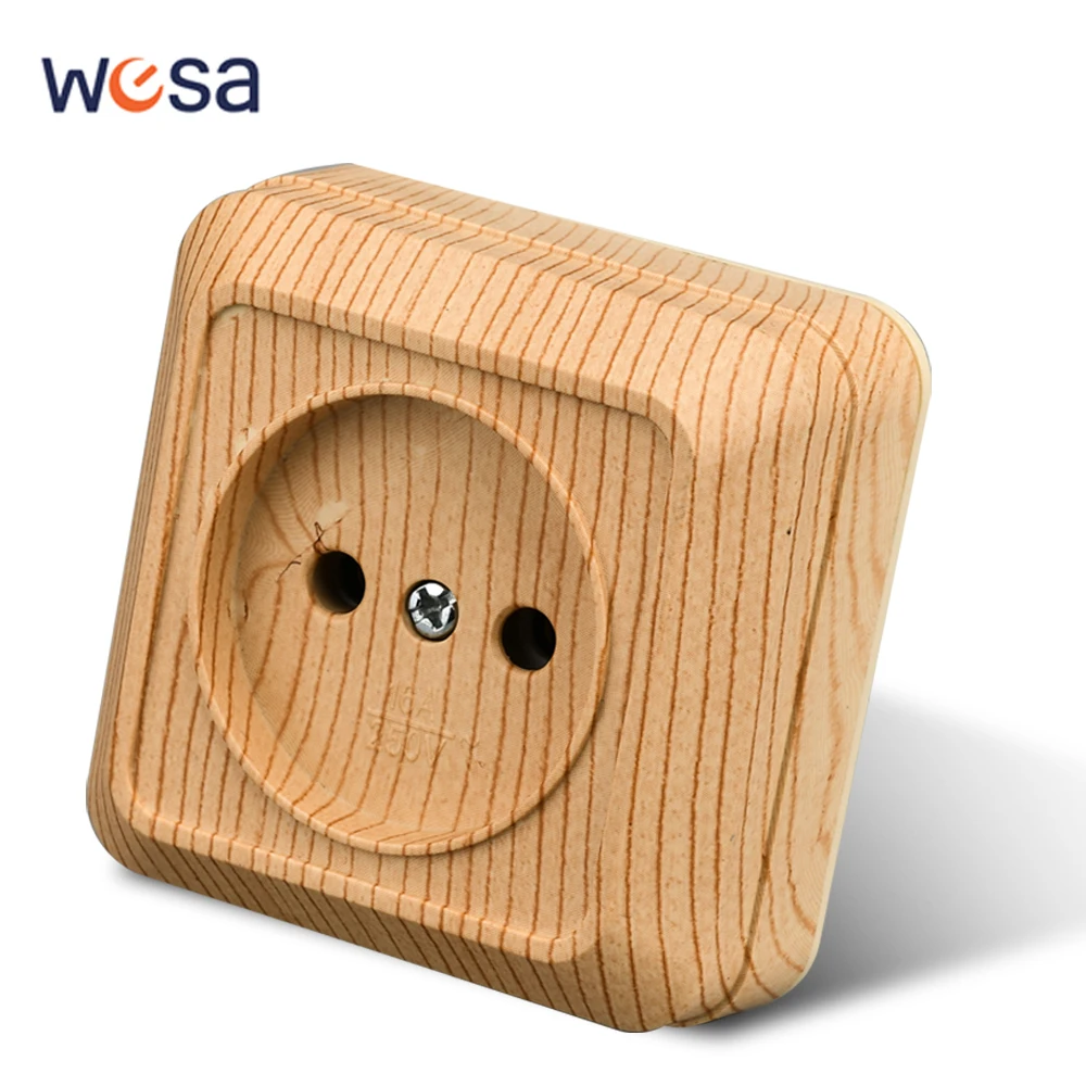 WESA Wood Wall Mount Socket EU Standard Electrical Outlett Vintage Imitation Wooden Color Power Socket Flame Retardant Plastic