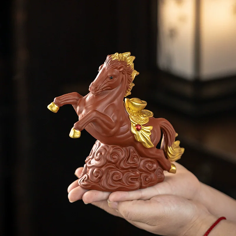 Money Coming Horse Zisha Clay Statue, Mini Figurine for Good Luck & Wealth, Unique Tea Set Accessory & Desk Gift