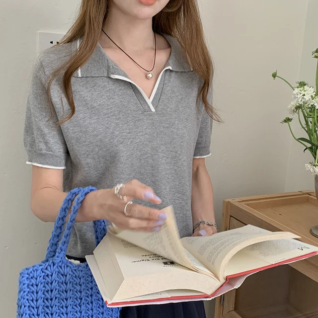 Vêtements de luxe pour femme, 100 % coton, col polo, couleur contrastée, grandes tailles. 1