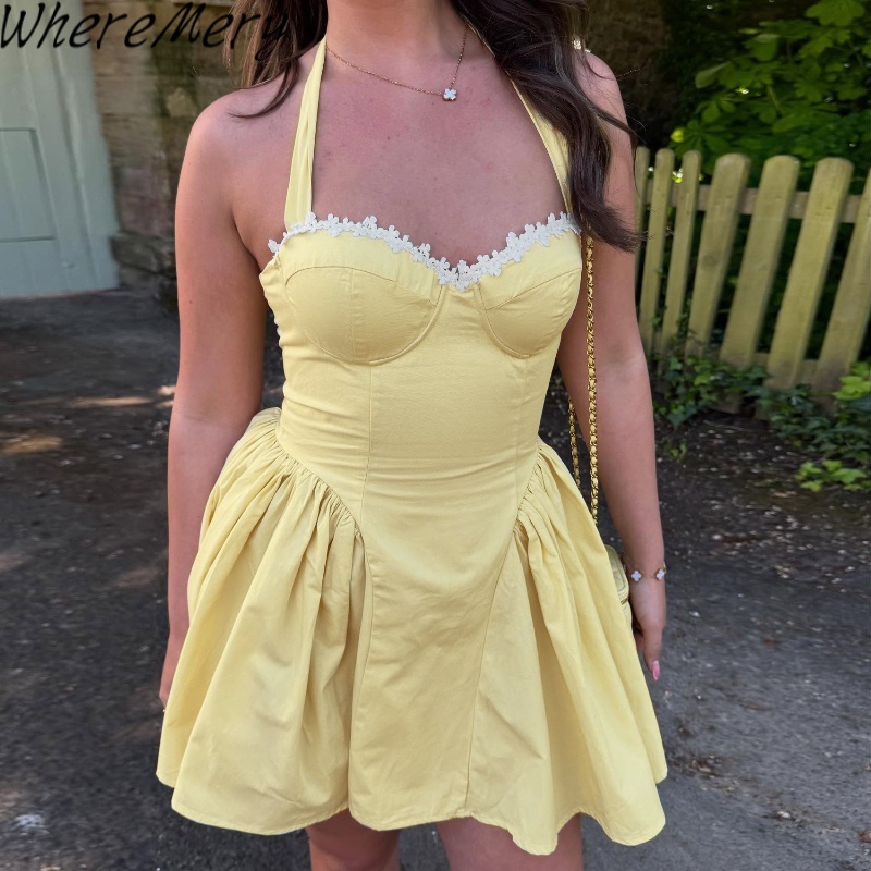 WhereMery Casual Solid Square-Neck Halter Mini Dress Sexy Ruched Off Shoulder Backless 2025 Summer New Women Streetwear Vestidos