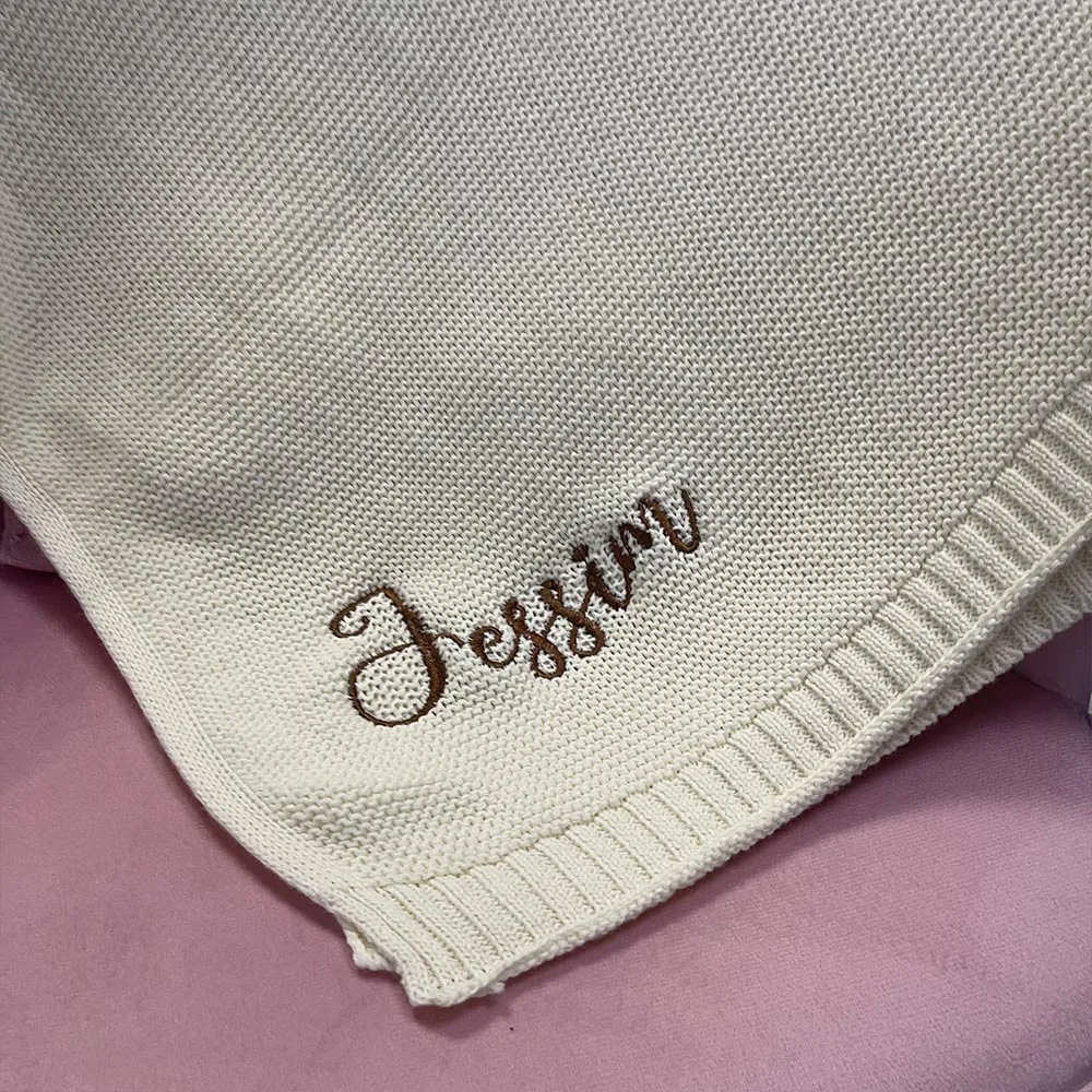 Cotton Knitted Blanket Personalized Embroidered Name Baby Boy Baby Girl Soft Blanket Baby Shower Breathable Stroller Blanket 3