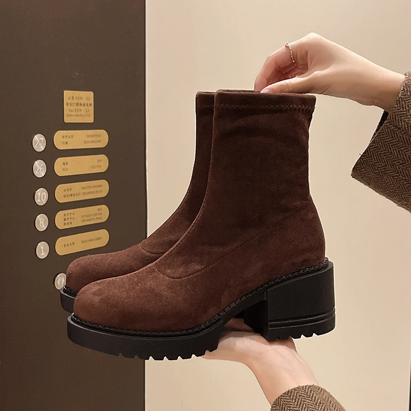 Aphixta 6cm Square Heel Black Ankle Boots Cotton Fabric Women Concise Platform Lady Footwear Shoes Women Warm Sock Boots Size 42