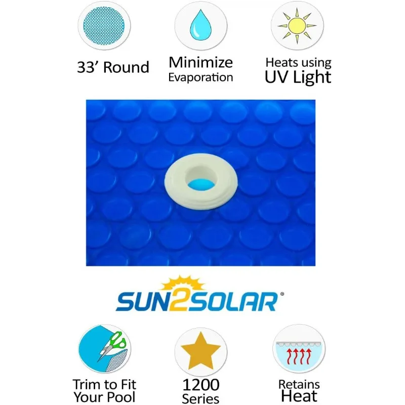 Sun2Solar Blue 33-Foot Round Solar Cover Heat Retaining Blanket 1200 Series with 6-Pack of Heavy-Duty Grommets Bundle