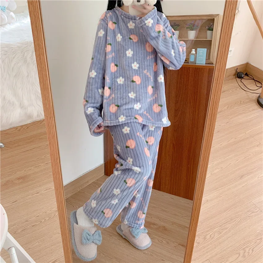 Coral Fleece Bear Print Warm Set Winter Cozy Sleepwear Cute Cartoon Girls Home Outfit Comfortable Loungewear Soft Pajamas