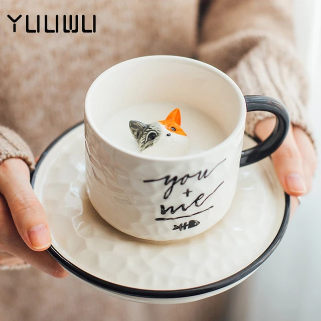 200ml Cute Drinking Cups with Animal Inside with Ceramic Coaster for Women  Men Coffee Mug Best Office Cup Durable Easy Use