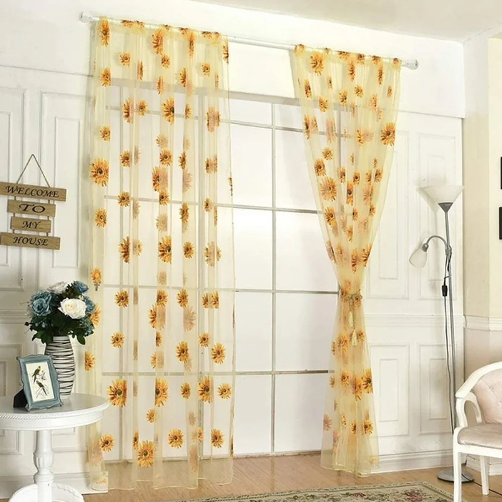 2PCS Sunflower Window Panels Drapes Curtains Sheer Voile Tulle Home Room 100*200cm