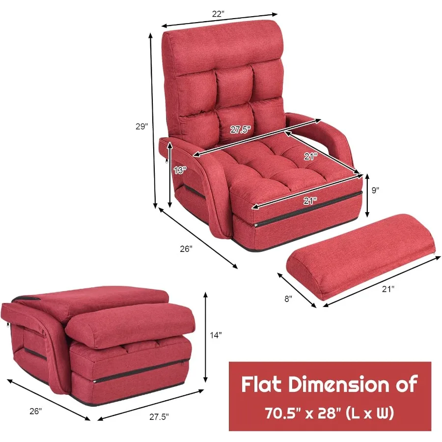 Adjustable Floor Chair Folding Lazy Sofa Chair with 5 Positions Detachable Seat Cushion Indoor Chaise Lounge Sofa Bed for Livin