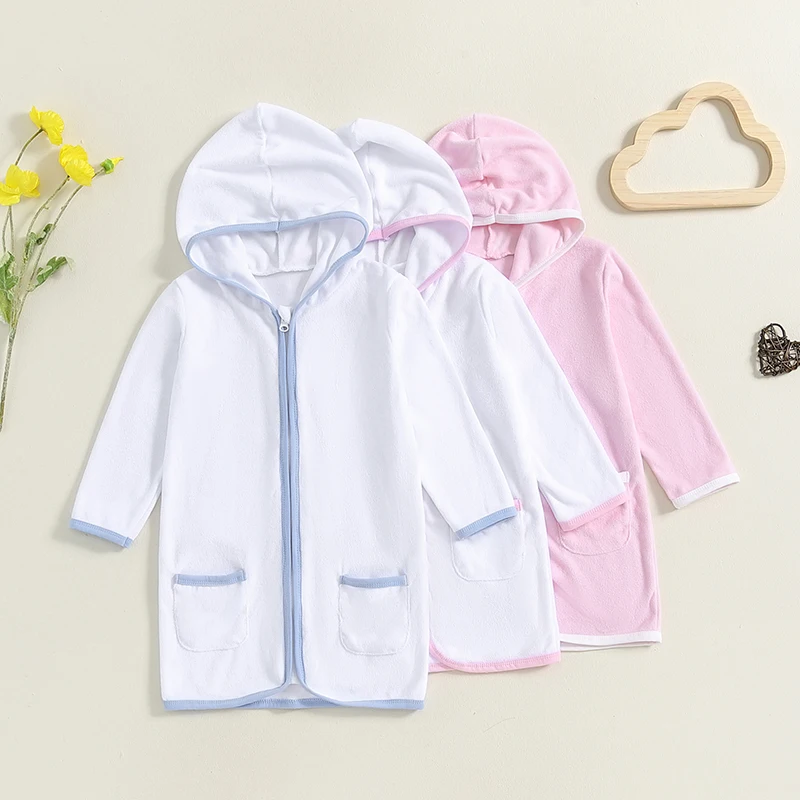 1-7Y Kids Boys Girls Robe Hooded Zip Up Pockets Soft Contrast Color Long Sleeve Nightgowns