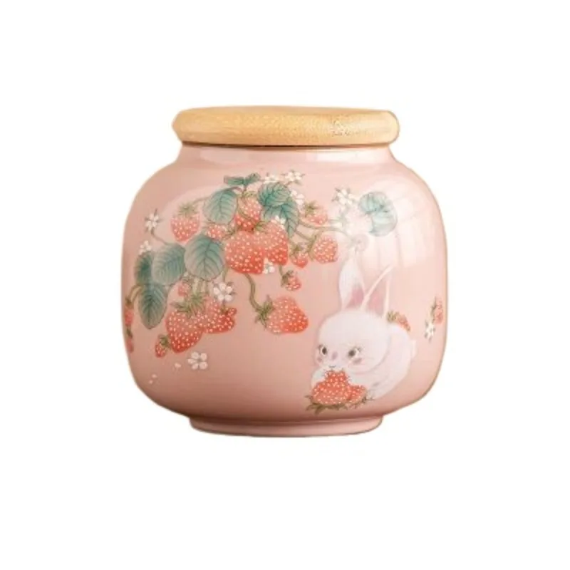 Creative Cute Strawberry Bunny Ceramic Storage Jar Portable Sealed Tea Jar Delicate Cartoon Bunny Storage Container Home Decor