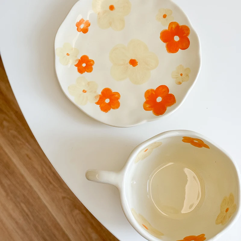 Coffee Cup Saucer Set Korean Style Flower pattern Ceramic Cup and Saucer Set Hand Pinched Irregular Coffee Cup Milk Afternoon Tea Tableware Gifts