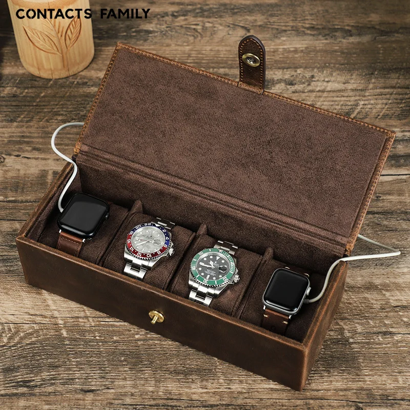 

Leather Watch Box Organizer for Men Cowhide Square Storage Bag Luxury Retro Crazy Horse Skin Fall Prevention 3 Slot Collect New