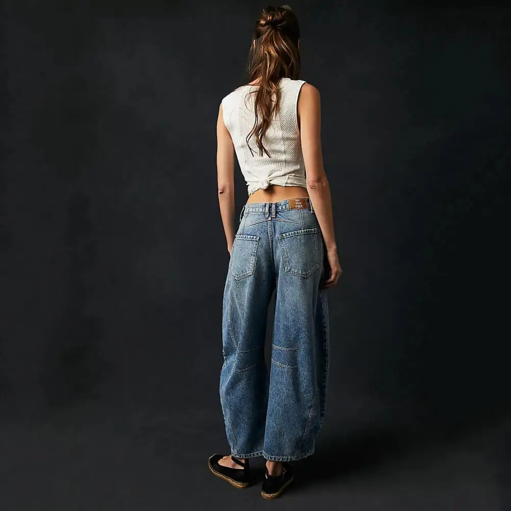 Streetwear Pants Retro Wide Leg Women's Jeans with Hip Hop Pockets Zipper Closure Stylish Streetwear Denim Trousers for A Trendy
