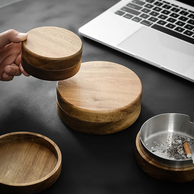 Portable Walnut Wood Ashtrays With Lid Covered Windproof Ashtray With