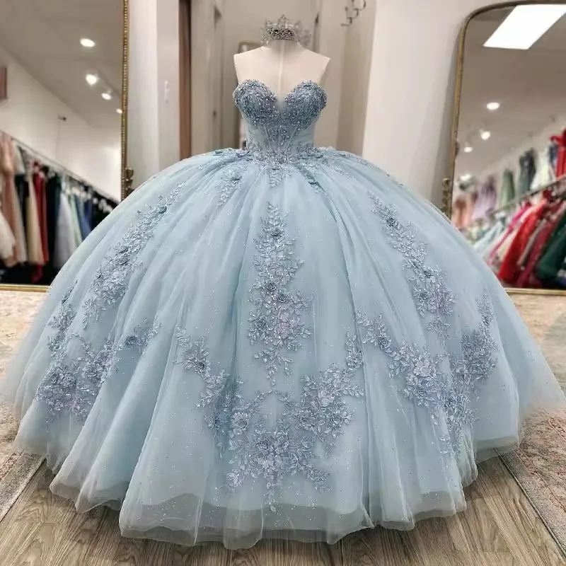 ANGELSBRIDEP Glittering Light Blue Quinceanera Dress With Cape Flower Lace Vestidos De 15 Anos Birthday Party Princess Ball Gown