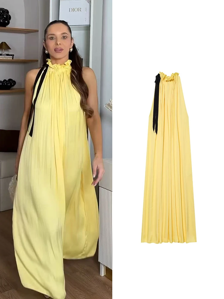 TFMLN Women Party Long Dress Chic Bow Collar Sleeveless Temperament Beach Holiday Clothing Summer Solid Halter Maxi Dress