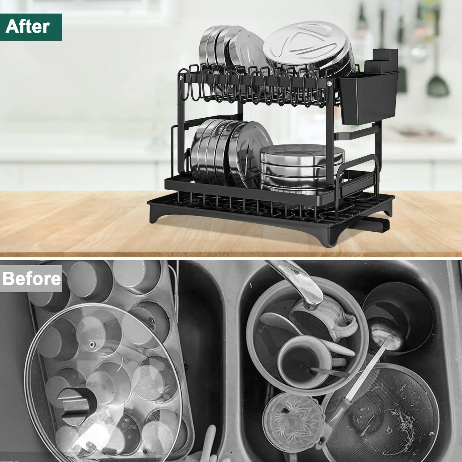 رف تجفيف الأطباق من طبقتين، يوفر مساحة مع حامل أوا...